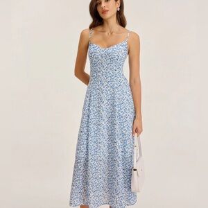 Rihoas Blue Floral V Neck Shirred Slip Midi Dress